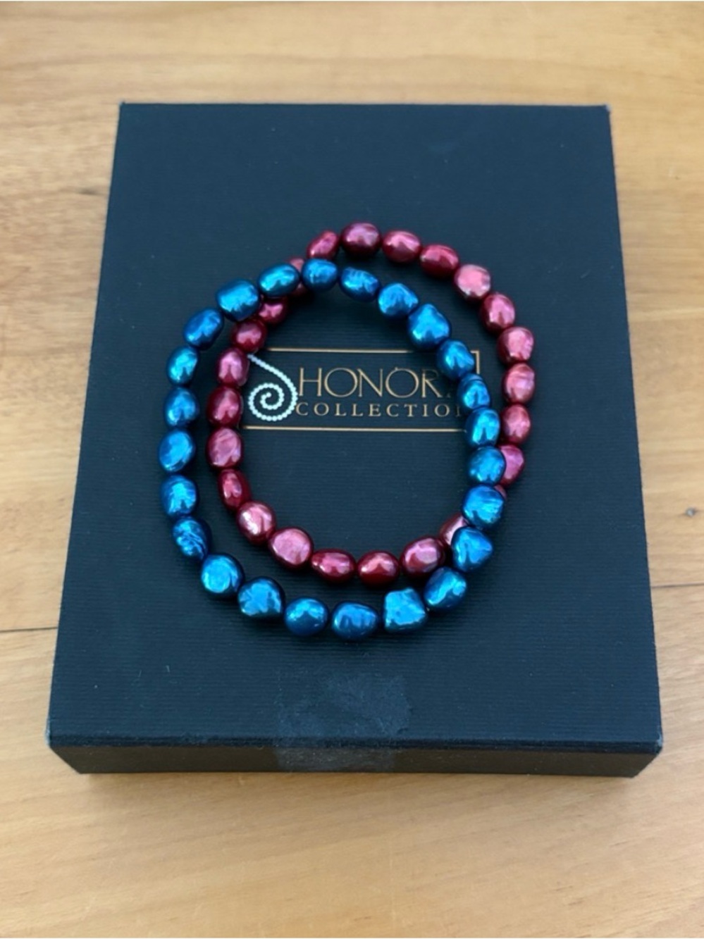 Set of 2 HONORA Freshwater Pearl Stretch Bracelets Dyed Blue Burgundy 7.5mm 7"
